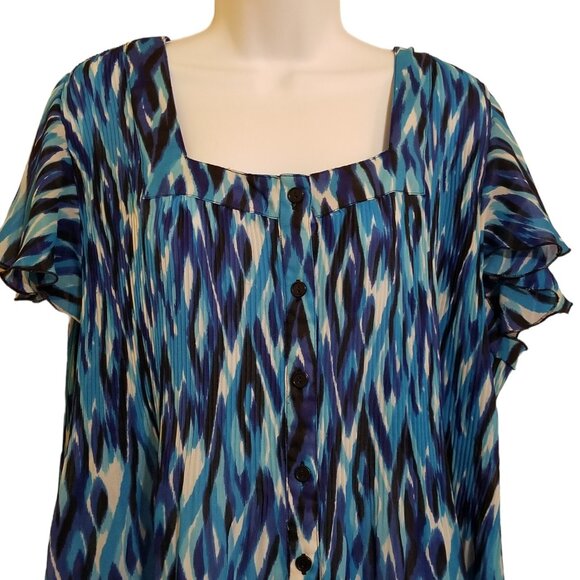 Serenade VTG Blouse Women's 3X Stretch Crinkle Short Sleeve  Square Neck Button - Picture 2 of 8